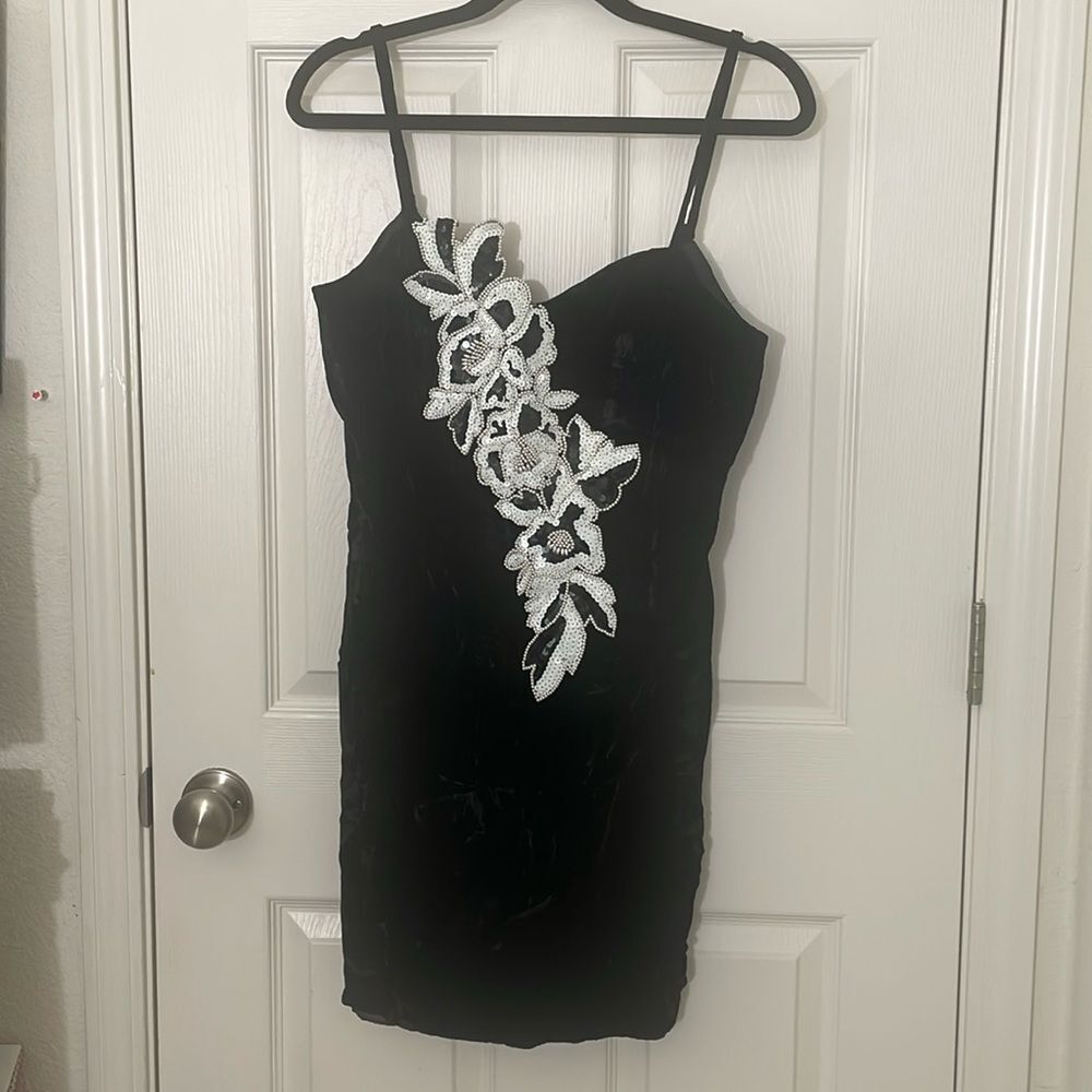 Argenti Vintage Velvet Little Black Dress with White and Black Sequins Size Med